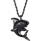 Dreuyet Shark Tooth Necklace for Men Women Personalized Stainless Steel Punk Rock Cool Black/Gold/Silver Ocean Marine Animal Pendant Necklace Hawaiian Beach Surfer Jewelry Gifts (Black Shark)