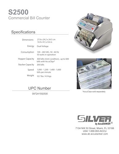 New SILVER by AccuBANKER S2500 Basic Commercial Bill Counter - Convenient Front Loaded Hopper - Count Up to 1,600 Bills/Minute