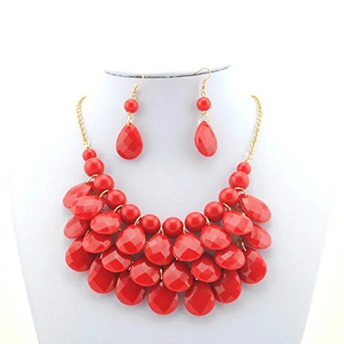 Coffled Women's Alloy Chain Acrylic Chunky Statement Bib Necklace (Multi-color) 18 (Rose Red)