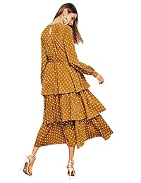 Romwe - Elegante vestido de manga larga con volantes en el dobladillo para mujer, diseño vintage de lunares