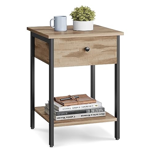 VASAGLE Nightstand, End Table, Side Table with Drawer and Shelf, 15.7 x 15.7 x 21.7 Inches, Bedroom, Steel Frame, Easy Assembly, Camel Brown and Black ULET055B50