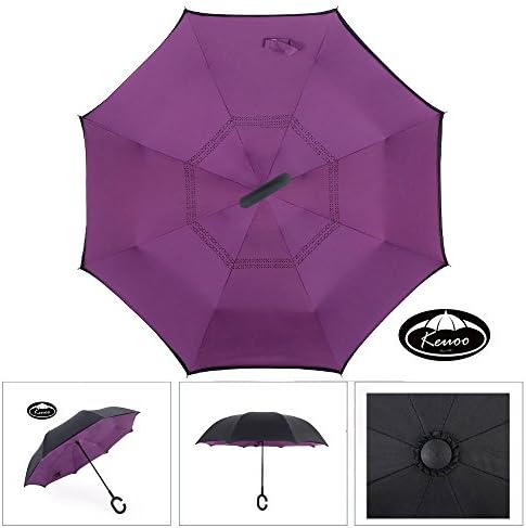 KEUOO Double Layer Inverted Reversible Umbrella Folding Black Color Outdoor Umbrella (Black-Purple)