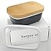 Butter Dish with Lid (Charcoal) | Covered Enamel Keeper with Beech Wood Top & Plastic Lid for Airtight Storage of Cheese | Tray Holds Half Pound of Stick Butter | Durable Food Storage Container