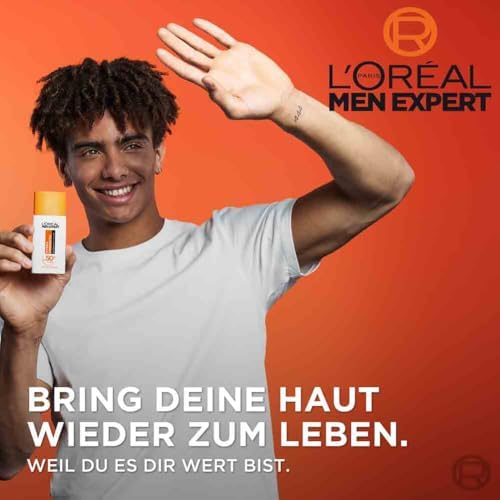 UV Sonnenschutz LSF 50 für Männer, Invisible Fluid für das Gesicht gegen Sonnenstrahlen, Herren Sonnencreme SPF 50+ gegen Hautalterung mit Vitamin C, Hydra Energy, 1 x 50 ml