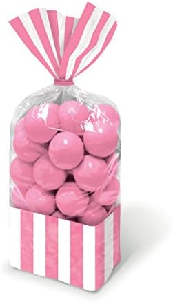 Candy Buffet Light Pink Striped Cello Treat Bags & Twist Ties x 10