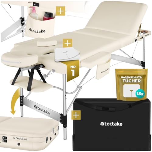 tectake® Massageliege 3 Zonen, Massagetisch, Massageliege klappbar, höhenverstellbare Aluminium Massageliege, Massagebett tragbar inkl. Zubehör, Kopfs