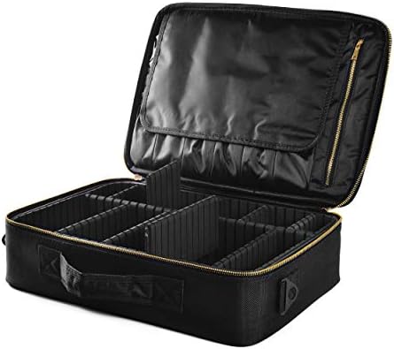 Portable Makeup Case/Bag, 2 Layer 15.4" Length Cosmetic Organizer with Metal Zippers and Free Shoulder Strap, Black