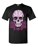 Shop4Ever® Pink Roses Sugar Skull T-shirt Day of the Dead Shirts