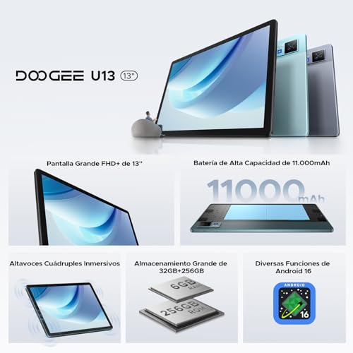 DOOGEETab U13 Tablet 13 Pulgadas FHD+ 90Hz, Tablet Android 16 Batería 11000mAh,32GB+256GB/2TB, Procesador Octa-Core Tablets, Gemini AI/Widevine L1, 13MP/5G WiFi/Face ID/GPS/OTG