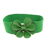 Green Faux Leather Flower 7.5cm Wide Elastic Cinch Belt for Woman