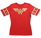 Wonder Woman Gold Foil Striped Sleeves Red Juniors T-shirt Tee