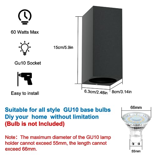 Klighten 2 Pieces Square Wall Lamp Outdoor/Indoor, IP65 Waterproof Anthracite Outdoor Wall Sconce, GU10 Modern Aluminium Wall Light for Gardens, Hallway Terrace, Bulb Not Included