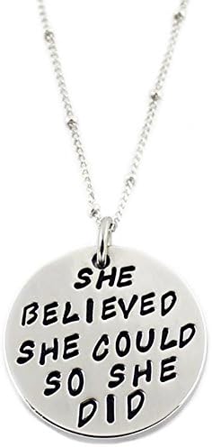 She Could So She Did Inspirational Hand Stamped Carving Bracelet Necklace Key Chain Series for Women Ladies Girls Silver (necklace)