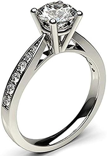 18K White Gold, Round Cut 4 Prong Setting Medium Side Diamond Engagement Wedding Ring Size - 7.5