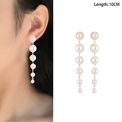 Women's Elegant Simulated Pearl 3 Tassel Chains Bridal Jewelry Long Dangle Eardrop Tassel Ear Stud Earrings (Gold)