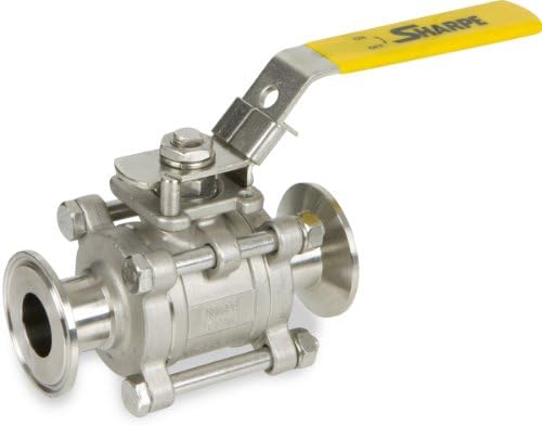 Sharpe Valves N66 Series Stainless Steel 316 Sanitary Ball Valve with Mounting Pad, Three Piece, Inline, Lockable Lever Handle, 1/2" Tube OD Quick Clamp