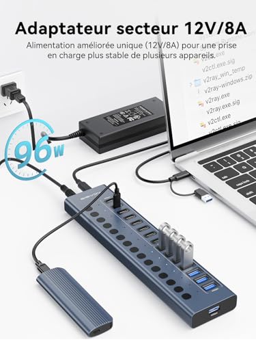 Hub USB 3.2 alimenté, ACASIS USB Hub 10Gbps 16 ports (8 ports USB-A 3.2 + 8 ports USB-C 3.2) en Aluminium, Multi Hub USB avec adaptateur d'alimentation 96 W, Hub USB Alimenté pour PC/Macbook/Clé USB