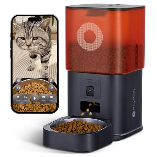 Distributeur Croquettes Chat Automatique avec Caméra, 6L, pour Chat et Petit Chien, Audio Bidirectionnel, Vision Nocturne, Contrôle via App WiFi 2.4G, Bol en Acier Inoxydable (Noir)