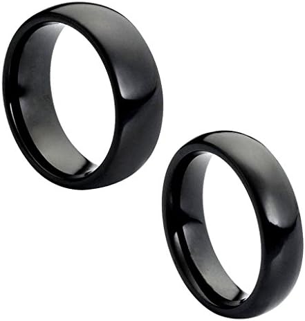Wedding Band Ring Set For Him &amp; Her - 8MM/6MM Tungsten Carbide Black Enamel Classic Domed High Polish