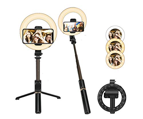 E-More LED Selfie Ring Light with Tripod Stand & Phone Holder, Dimmable Circle Light Selfie Stick Tripod Bluetooth Remote for Selfie/Live Streaming/Makeup/YouTube Video, Compatible with iOS/Android