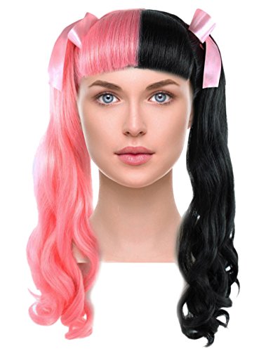 Two Tone Long Curly Ponytail Wigs with Bangs Ribbon Bows for Cosplay Halloween Party Pink and Black