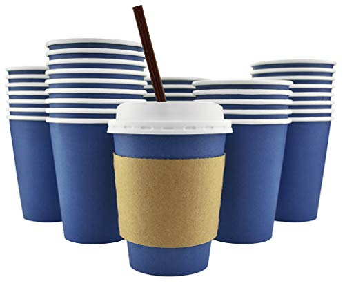 100 Pack - 12 Oz [16 Oz] [4 Colors] Disposable Hot Paper Coffee Cups, Lids, Sleeves, Stirring Straws - Deep Blue