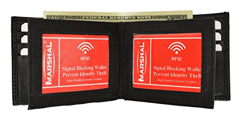 Marshal RFID Leather Mens Wallet Black Bifold Fixed Flip 3 Window ID Organza Gift Bag
