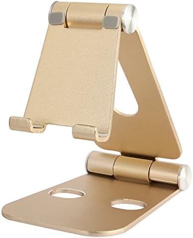 Multi Angle Adjustable Aluminum Phone Stand, Jusney Dual Foldable Portable Desk Stand Mount Holder for iPad, Kindle, iPhone, Nintendo Switch, SmartPhone, Tablet, and More - Gold
