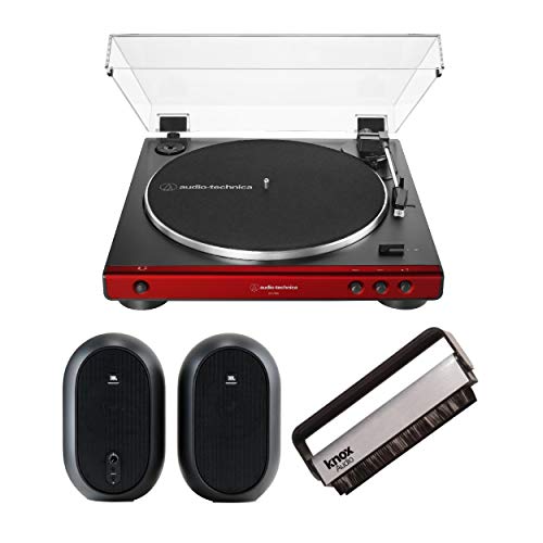 Audio-Technica AT-LP60X Stereo Turntable (Red) Bundle with 104 Studio Monitors & Knox Gear Anti-Static Brush (3 Items)