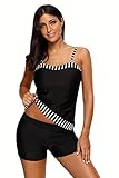 Aleumdr Womens Spaghetti Straps Striped Color Block Tankini Top Set Swimsuits Shortini Swimwear with Swim Shorts Large Size Black