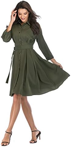 Lefancy Women's Midi Army Button Bracelet Length Sleeves Spread Collar Belted Pleated Casual A-Line Shirt Dress (XL, Army Green)