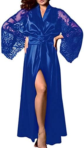 Gallity Women’s Satin Silk Lace Full Slip Silk Nightdress Long Sleepwear Robe (M, Blue)