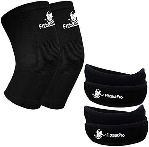 Knee Sleeve Package (Pack of 4) - Knee Compression Sleeve (1 Pair) &amp; FREE Knee Braces (1 Pair) - Patella Knee Support Straps Sleeves - Knee Arthritis Brace &amp; Pain Relief Strap