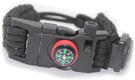 OmeGod Adjustable Bracelet, 7-Strand 550 Paracord Bracelet with Fire-Starter, Scraper, Whistle, Compass and Thermometer, Fit 7.87-9.85in Wrist, for Camping, Hiking and other Outdoor Activities (Black)