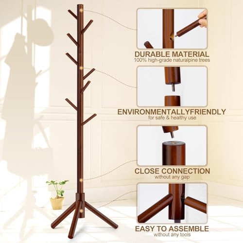 Solid Wooden Coat Rack Freestanding, New Zealand Pine Coat Tree with 8 Hooks & 3 Adjustable Sizes for Coats, Hats, Handbags and Scarves, Space Saving for Entryway/Office/Bedroom (175cm)
