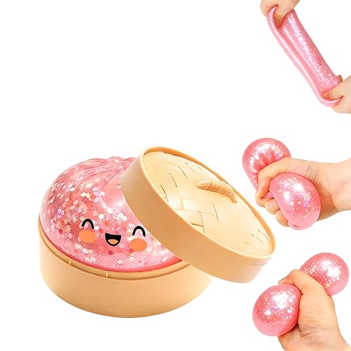2026 New Glitter Dumpling Soft Box, Stress Relief, Soft Squeeze Decompression Dough, Glitter Dumpling Soft for Stress Relief (Transparent Pink)