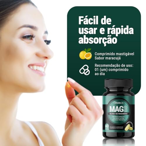 Magnesio Mag 3 Dimalato Treonato Glicina Magnesium 1000mg 100% Puro 60 Comprimidos Mastigaveis Sem Glúten Sabor Maracujá