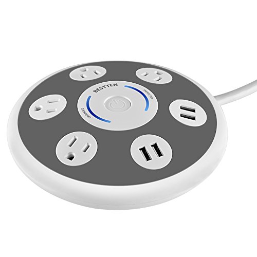 BESTTEN 4 Electrical Outlet Power Strip Surge Protector with 4 Charging Ports, 6-Foot Heavy Duty Extension Cord, Round Desktop Charger Station for iPhone, iPad & Samsung Galaxy & More, White & Gray