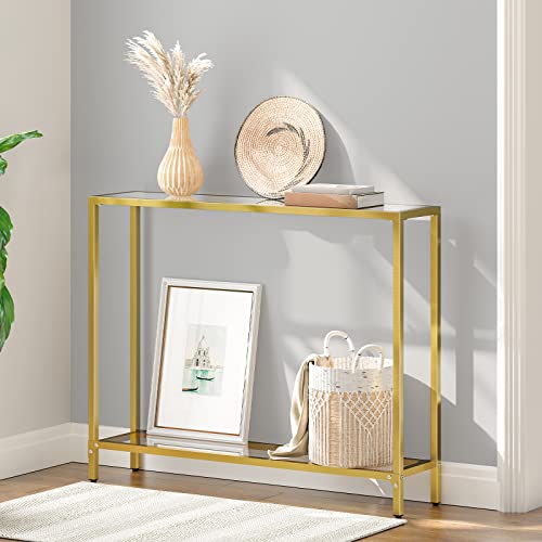 HOOBRO Gold Console Table for Living Room, 100 cm Narrow Long Sofa Table with Tempered Glass, 2 Tier Skinny Entryway Table with Open Shelves, Slim Hallway Table with Metal Frames, Gold EGD04XG01
