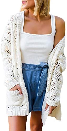 Geckatte Womens Lightweight Cardigans Long Open Front Crochet Knit Sweater Outwear with Pockets