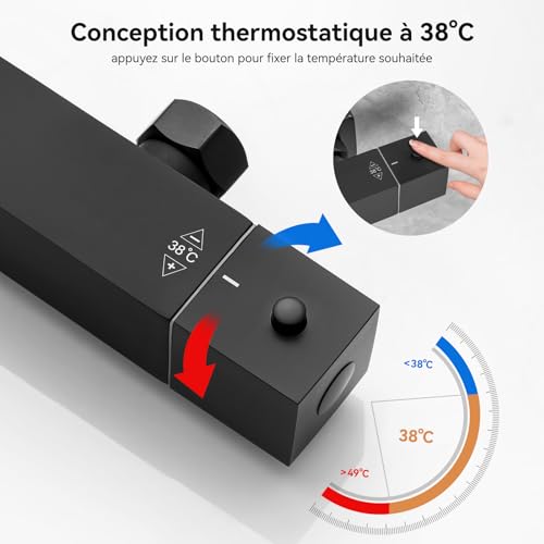 Auralum Matte Black Thermostatic Shower Column, Complete Shower Set with 30 cm Rain Canopy and 6 Jets Shower Head, Anti-Limescale Bathroom Mixer, Adjustable Bar 88-124 cm