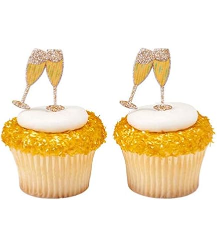 24 Pack Gold Glitter Cheers Champagne Glass Cupcake Toppers - Party Decorations
