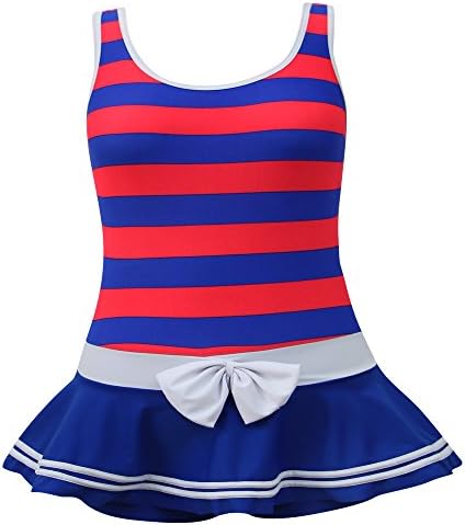 QRH Big Girls 2 Color Striped Two Piece Swimsuit Red Blue Size 10-12