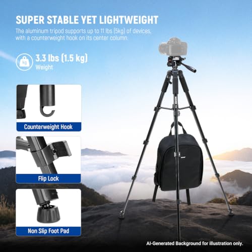 NEEWER BASICS Camera Tripod, 71'' Tripod with Cell Phone Holder Mount Compatible with iPhone for Video Recording, Professional Aluminum Lightweight Portable Travel Stand with 3 Way Pan Tilt Head, TP55