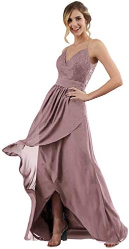 Zhongde Women's Spaghetti Strap V-Neck High Low Chiffon Bridesmaid Dress Long Formal Evening Gown
