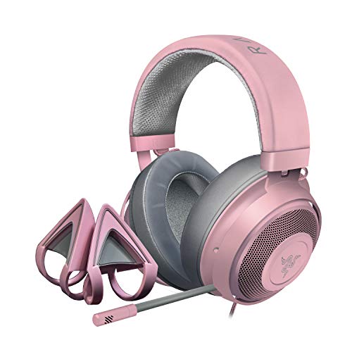 Razer Kraken Gaming Headset + Kitty Ears Bundle: Lightweight Aluminum Frame – Retractable Noise Cancelling Mic – for PC, Xbox, PS4, Nintendo Switch – Quartz Pink