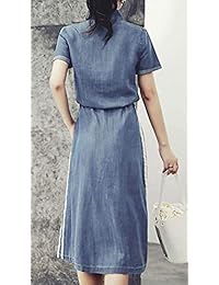 GGUHHU - Vestido largo para mujer con cordón elástico en la cintura y rayas laterales, con botones