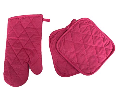 Plum Nellie's Treasures 3pc Set Oven Mitt & Potholders Set Colorful Kitchen Collection (Pink)