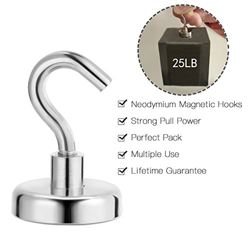 image for HHOOMY Magnetic Hooks 6 Pack, Super Strong 25LB Neodymium Heavy Duty M