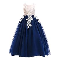 Weileenice 3-16Y Big Girls Lace Bridesmaid Dress Dance Gown A Line Dresses Long for Party Wedding (13-14Y, Champagne/Navy Blue)
